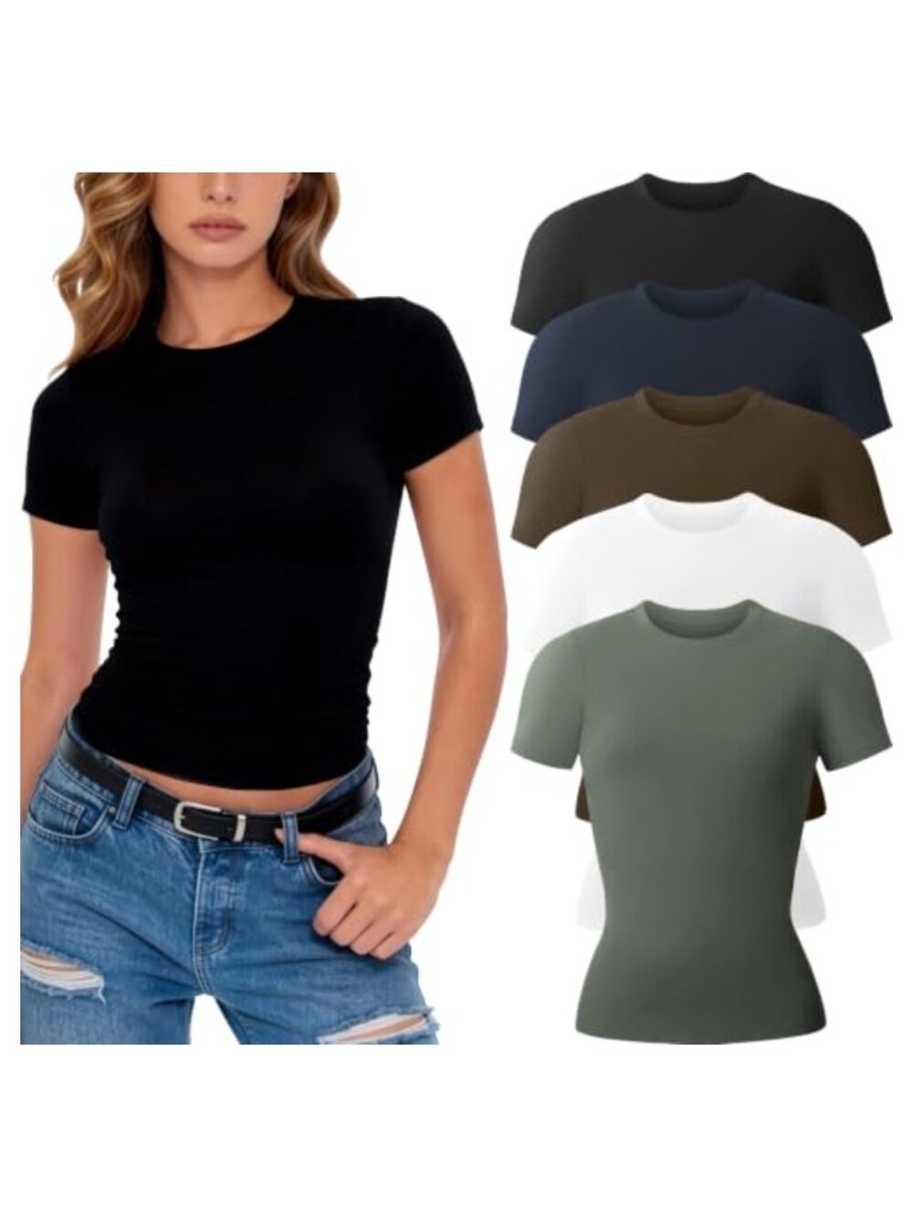 Women's Crew Neck Short Sleeve Fitted Stretchy Tee Tops